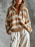 Chic Casual Camel-Off‑White Hooded Half‑Zip Dropped-Shoulder Long-Sleeve Loose-Fit Chunky Knit Sweater