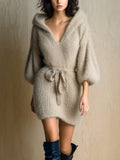 Chic Vintage Light Khaki V-Neck Hooded Lantern Sleeves Belted Loose Fuzzy Knit Mini Dress
