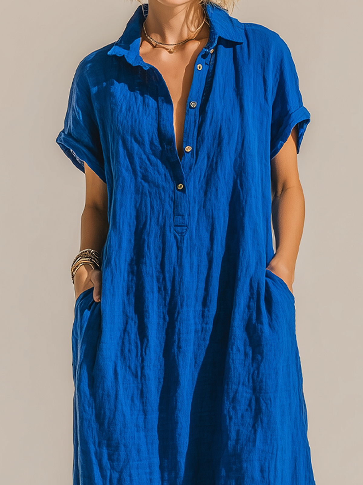 Stylish Elegant Blue Collared Button-Down Short-Sleeve Oversize Cotton-Linen Blend Maxi Dress