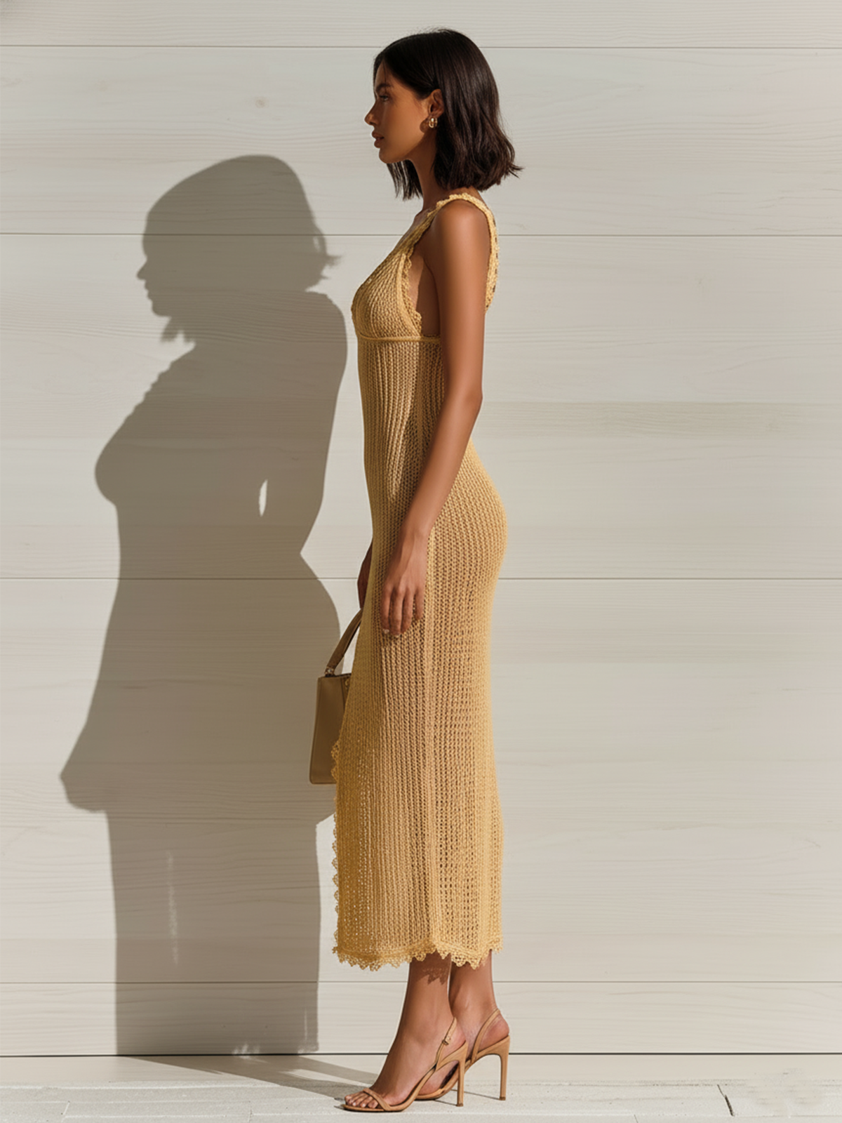 Chic Elegant Butter Yellow V-Neck Spaghetti Straps Sleeveless Lace Patch Slim-Fit Side-Slit Ribbed Knit Maxi Dress