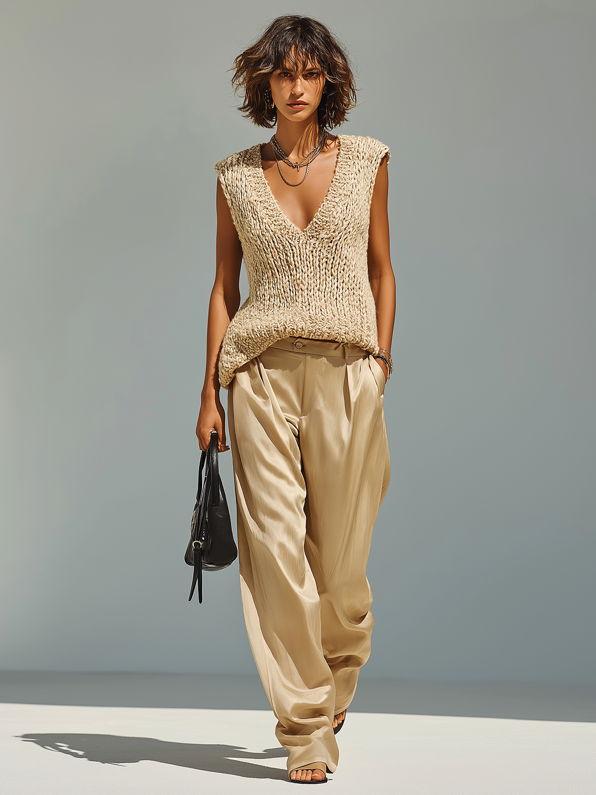 Chic Elegant Khaki V-neck Sleeveless Loose Knit Vest Satin Trousers Two-Piece Set