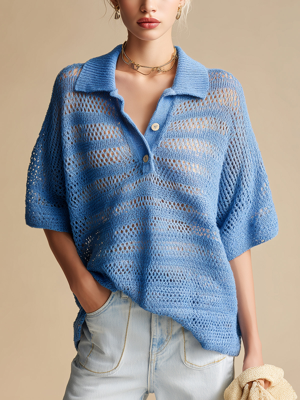 Chic Vintage Dark Blue Hollow Out Stripes Button-Up Lapel Collar Short-Sleeve Loose-Fit Breathable Knit Sweater Top