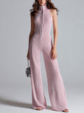 Chic Elegant Pink Stand Collar Sleeveless Zipper-Front Tailored Waist Wide Leg Ribbed Knit Jumpsuit