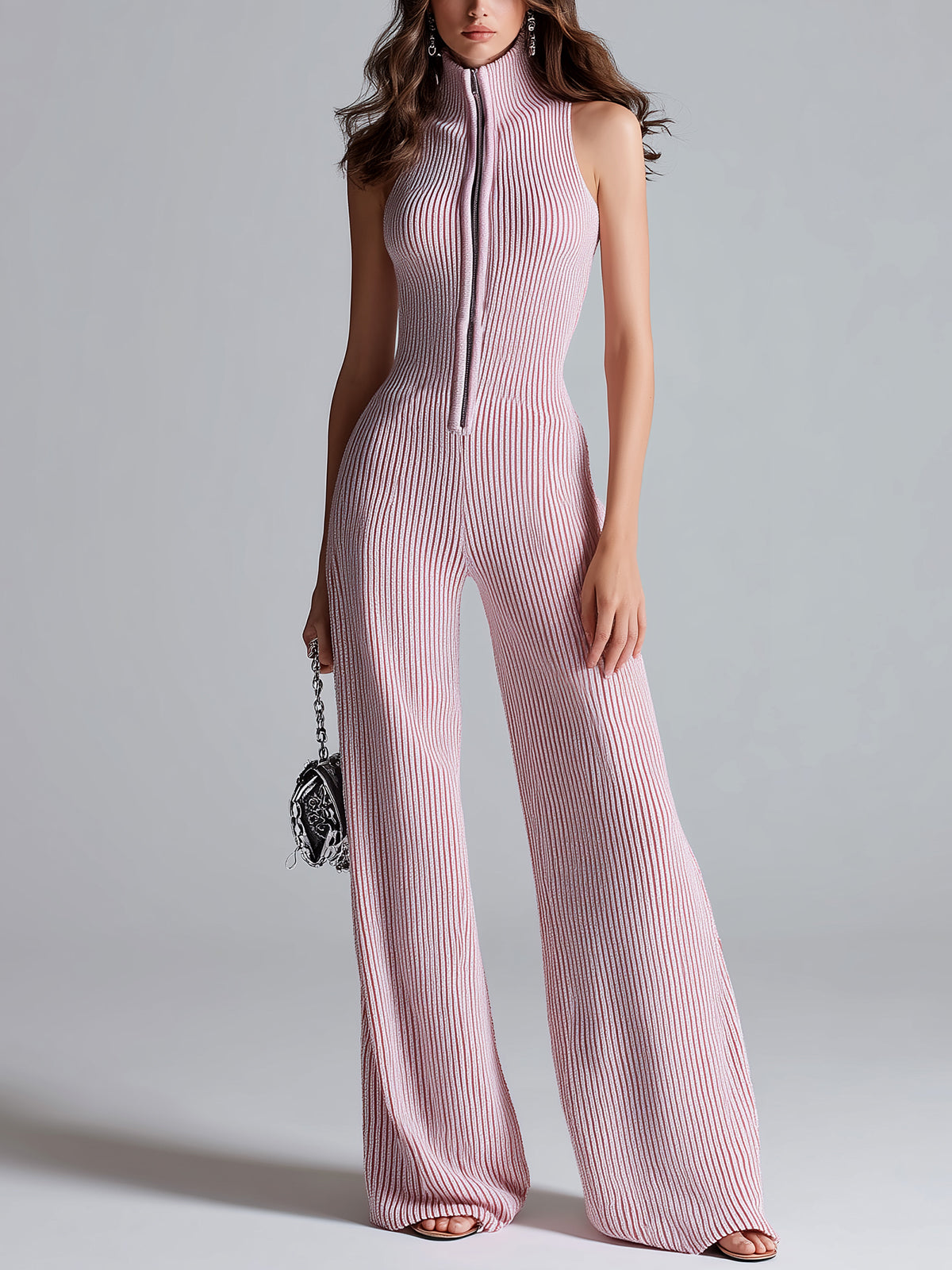 Chic Elegant Pink Stand Collar Sleeveless Zipper-Front Tailored Waist Wide Leg Ribbed Knit Jumpsuit