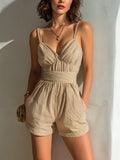 Chic Casual Camel Cotton-Linen Blend Stripes Strappy V-Neck Sleeveless Tailored-Waist Romper