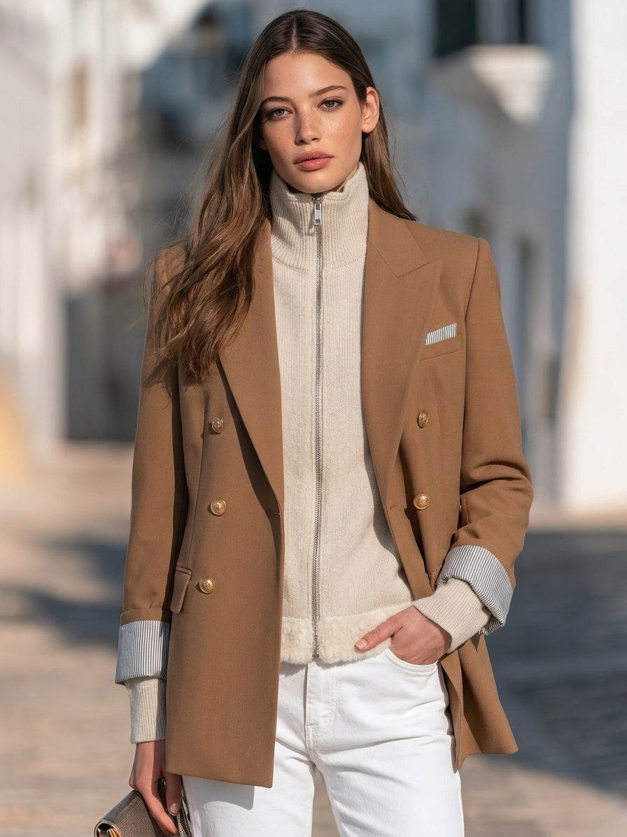 Old Money Casual Vibe Off White Fleece Trim Zip‑Up Knit Cardigan