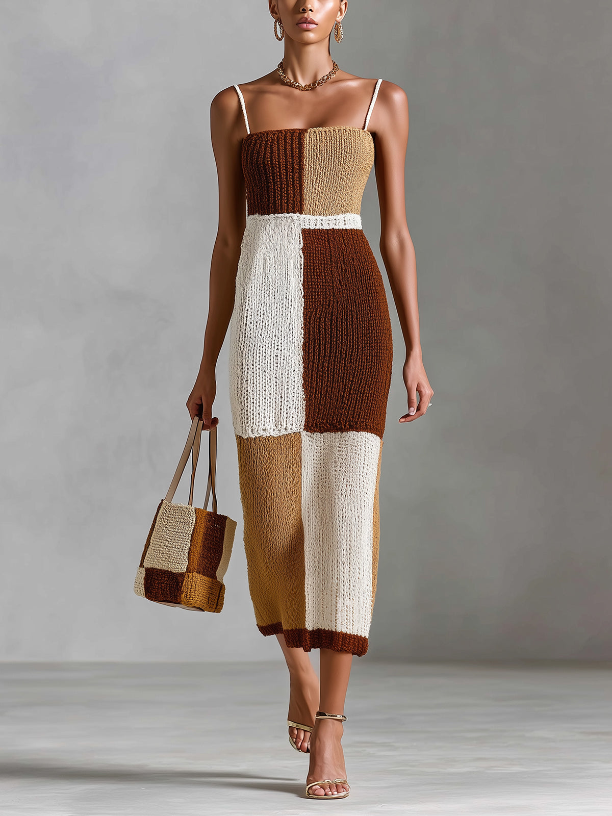 Chic Elegant Brown-Camel Colorblock Strappy Sleeveless Tailored-Waist Breathable Knit Maxi Dress