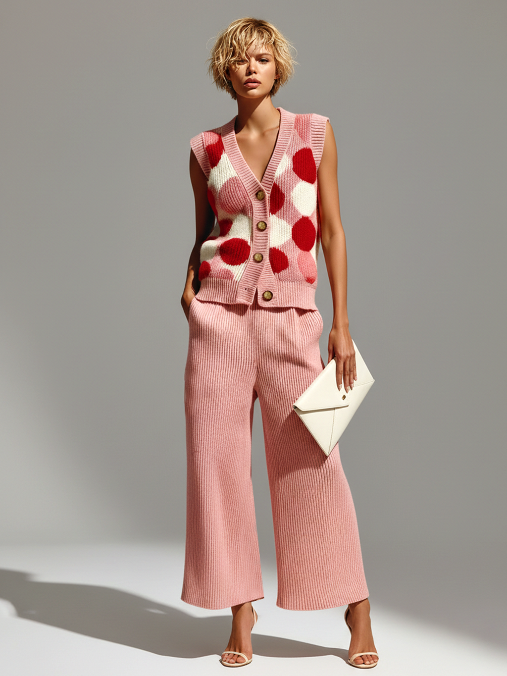 Stylish Elegant Pink Polka Dot Jacquard V-neck Button Slim-Fit Vest Wide-Leg Pants Knit Two-Piece Set