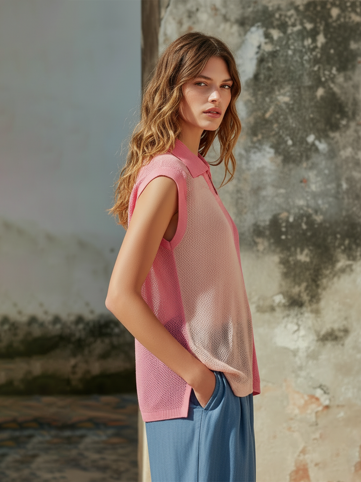 Chic Casual Pink Colorblock Lapel-Collar V-Neck Sleeveless Loose-Fit Mesh Knit Vest Top