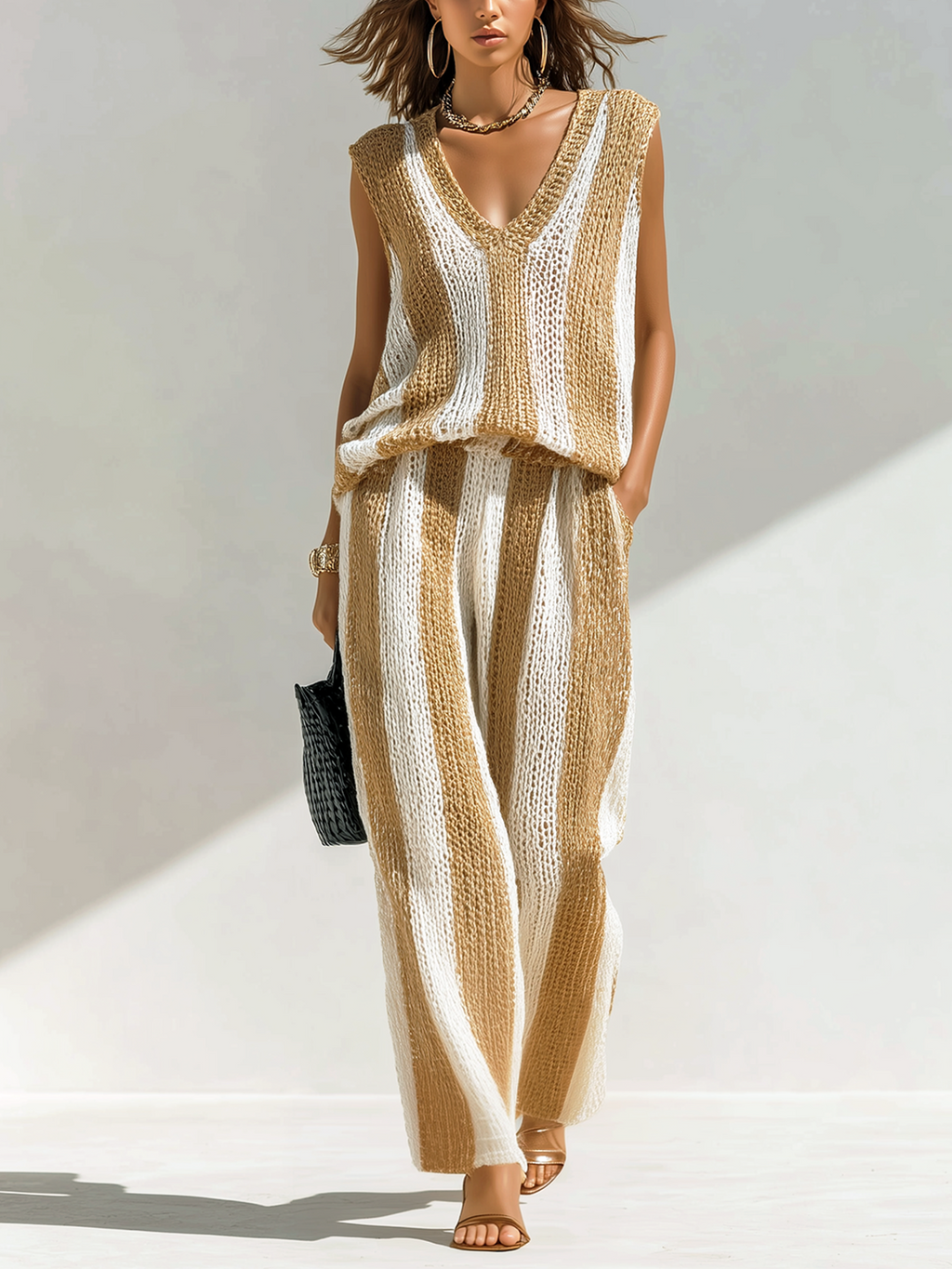 Chic Elegant White-Camel Striped V-Neck Sleeveless Loose Vest Wide-Leg Pants Knit Two-Piece Set
