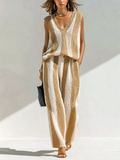 Chic Elegant White-Camel Striped V-Neck Sleeveless Loose Vest Wide-Leg Pants Knit Two-Piece Set