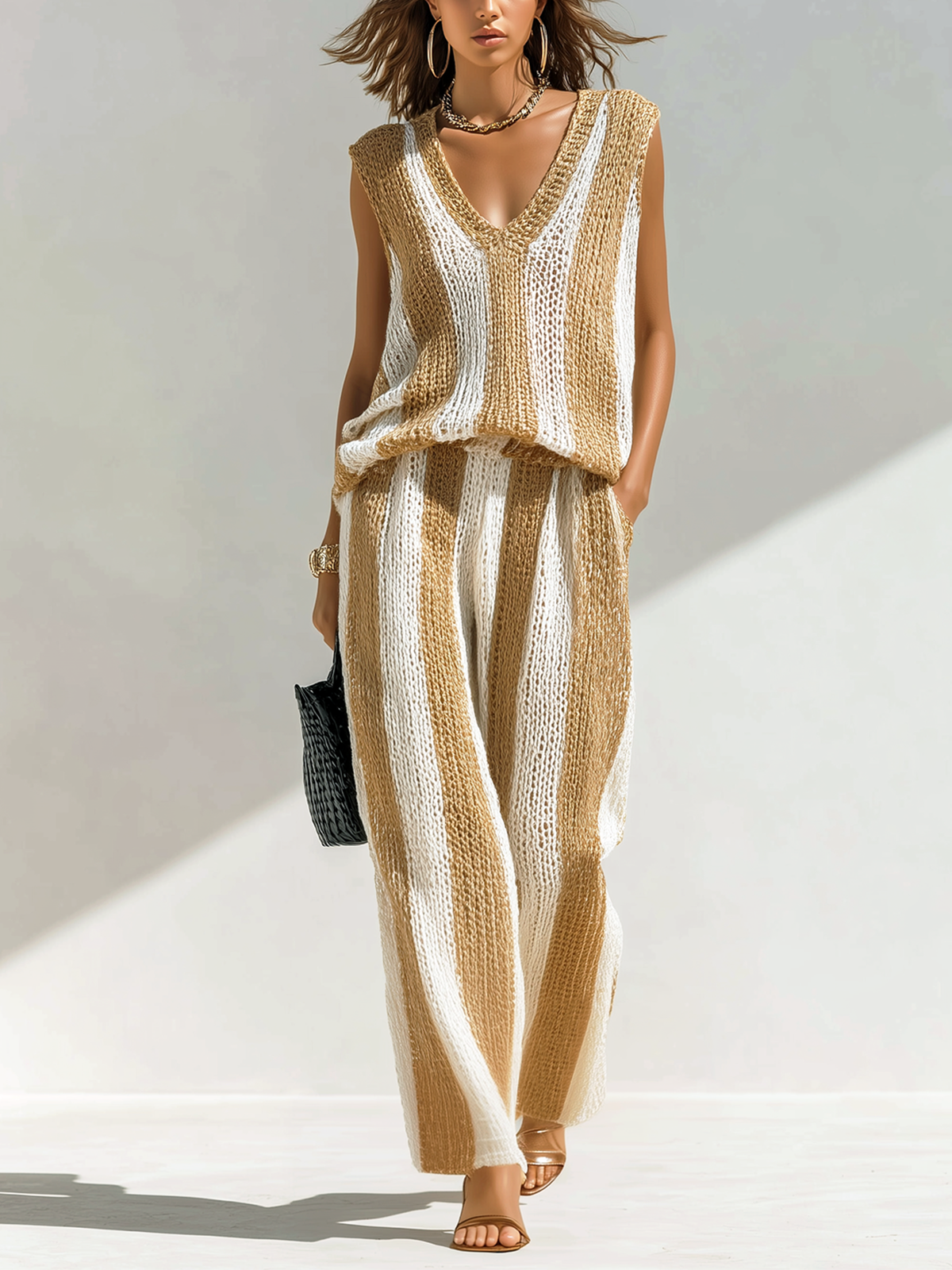 Chic Elegant White-Camel Striped V-Neck Sleeveless Loose Vest Wide-Leg Pants Knit Two-Piece Set