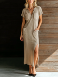 Chic Elegant Beige Lapel Collar Button-Down Patch Pocket Short-Sleeve Loose Side-Slit Ribbed Knit Maxi Dress