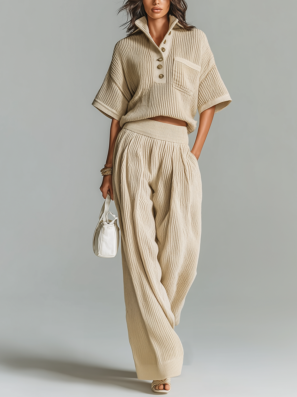 Fashion Casual Beige Stand Collar Button-Up Short-Sleeve Loose Sweater Wide-Leg Pants Knit Two-Piece Set