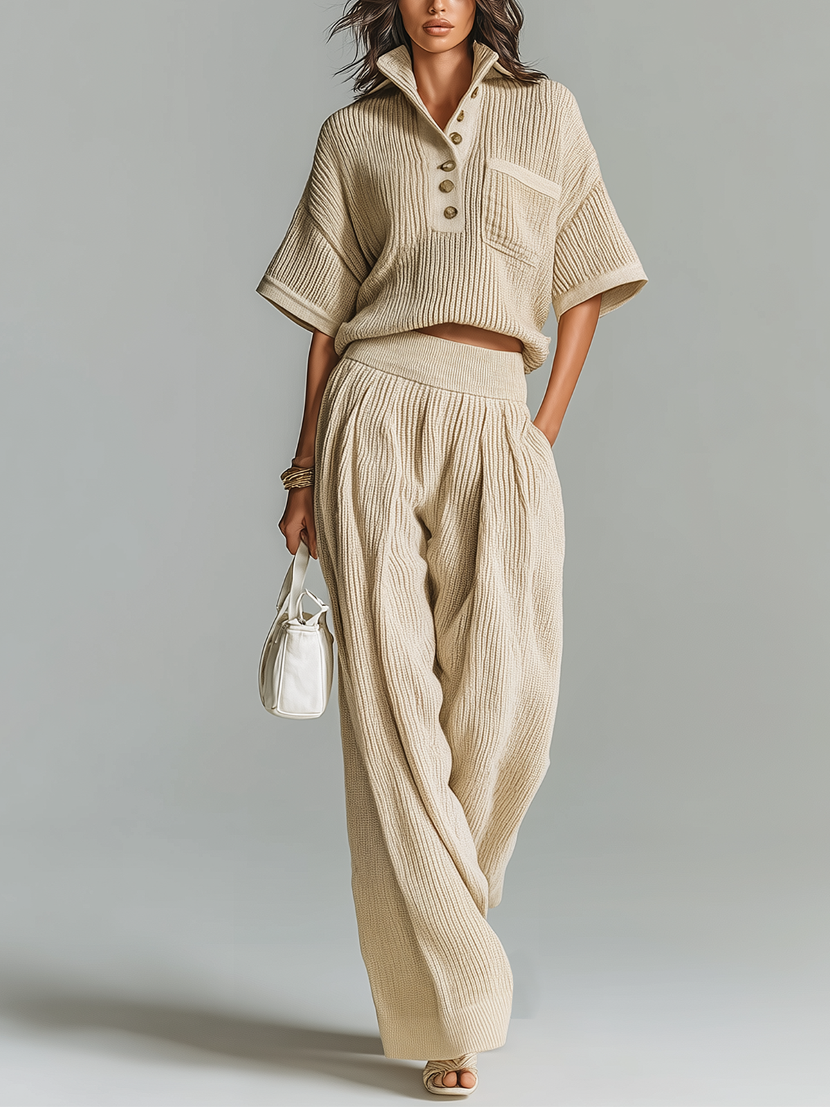 Fashion Casual Beige Stand Collar Button-Up Short-Sleeve Loose Sweater Wide-Leg Pants Knit Two-Piece Set