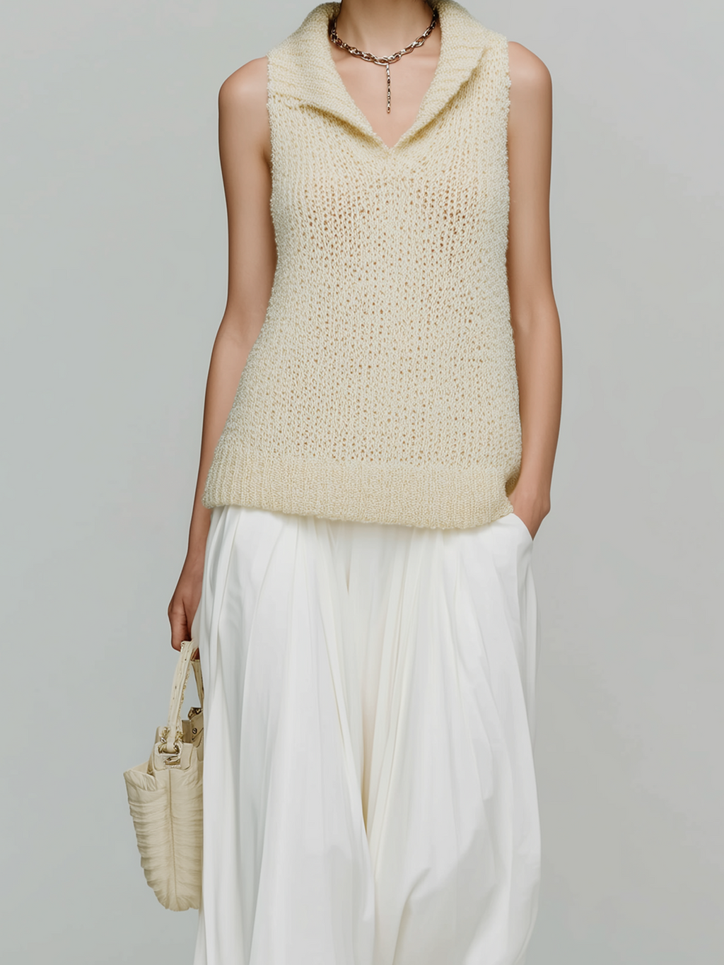 Chic Elegant Cream White Collar V-Neck Sleeveless Knit Sweater Loose A-Line Chiffon Maxi Skirt Two-Piece Set