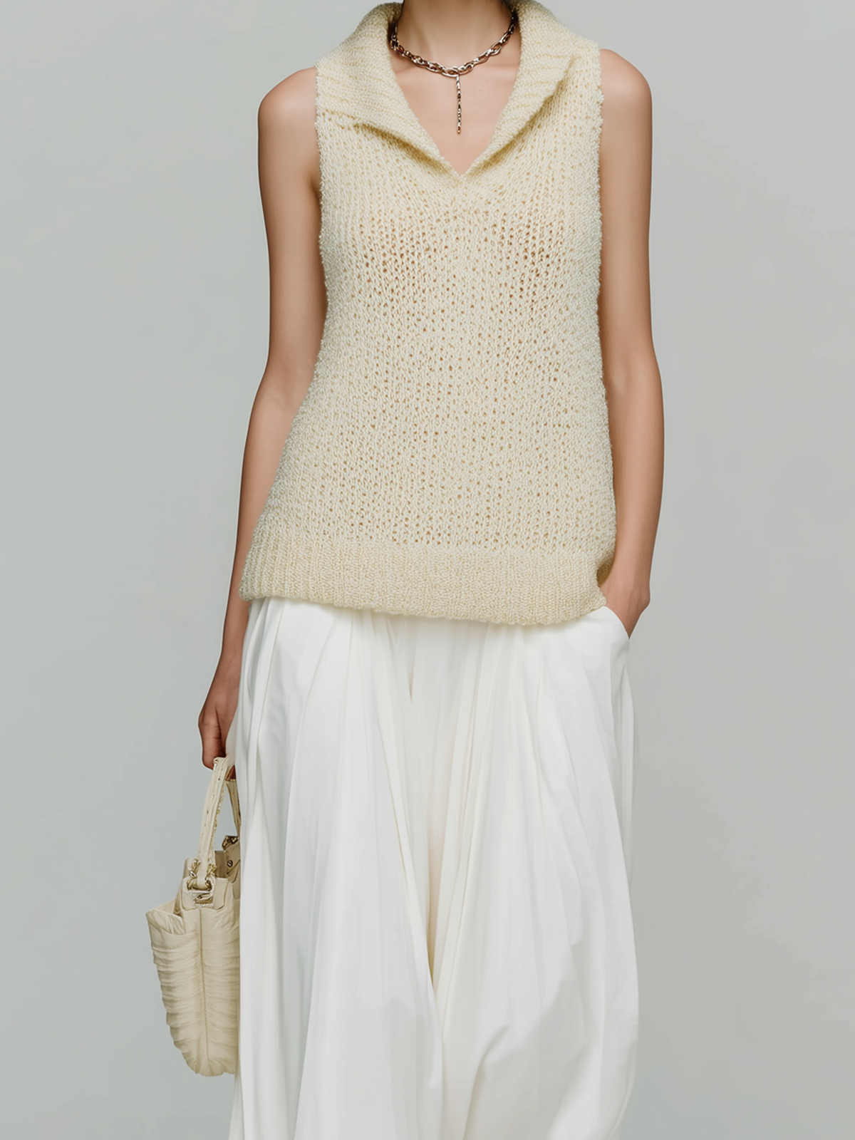 Chic Elegant Cream White Collar V-Neck Sleeveless Knit Sweater Loose A-Line Chiffon Maxi Skirt Two-Piece Set