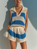 Chic Elegant Royal Blue-Beige Colorblock Lapel Collar V-Neck Loose-Fit Vest Elastic Waist Shorts Knit Two-Piece Set