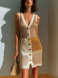 Chic Elegant Brown-Beige Colorblock V-Neck Sleeveless Single-Breasted Slim-Fit Open-Knit Mini Dress