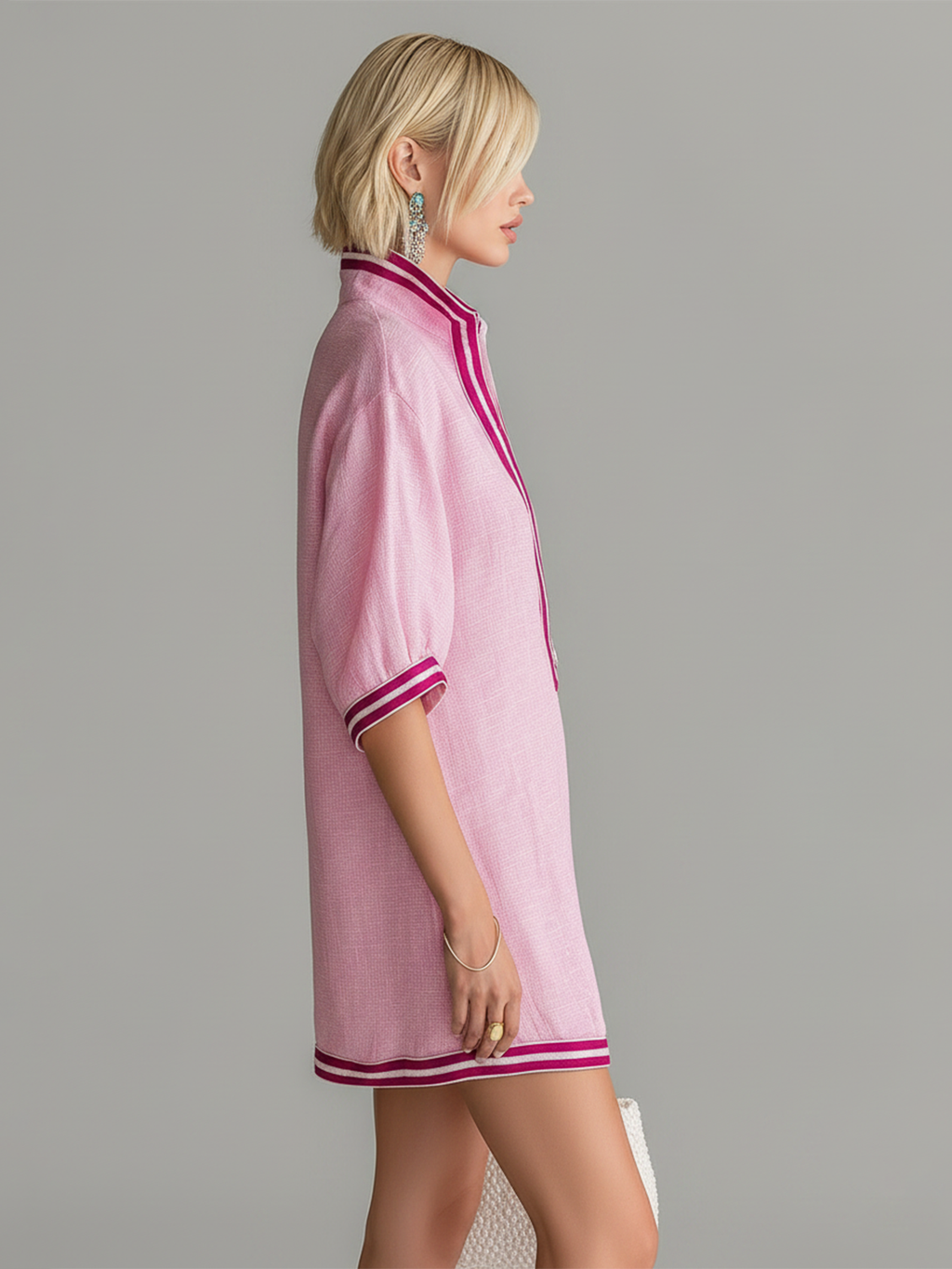 Chic Casual Pink Colorblock  Stand-Collar Zipper-Front Short-Sleeve Loose-Fit Cotton-Linen Blend  Mini Dress