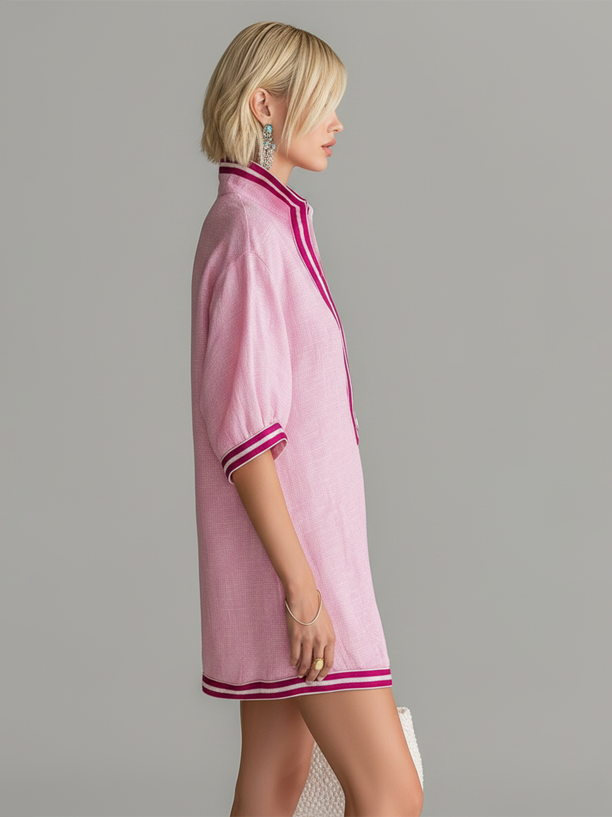 Chic Casual Pink Colorblock  Stand-Collar Zipper-Front Short-Sleeve Loose-Fit Cotton-Linen Blend  Mini Dress