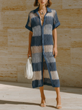 Chic Elegant Navy Blue-White Herringbone Lapel Collar Single-Breasted Short-Sleeve Loose-Fit Knit Maxi Dress