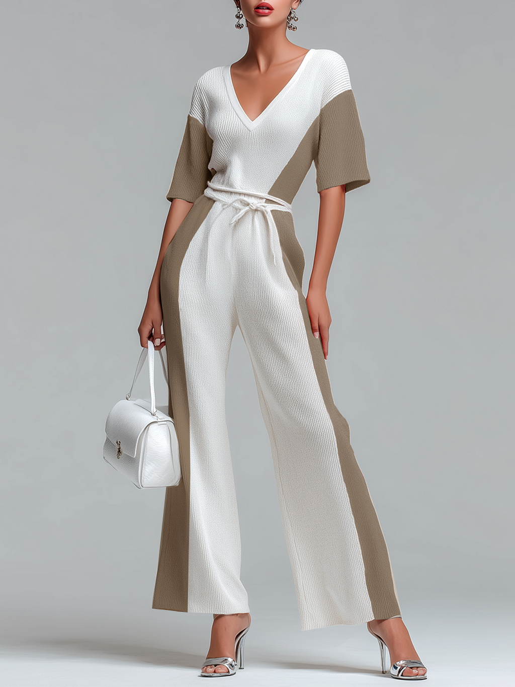 Stylish Elegant White Contrast V-Neck Short-Sleeve Loose-Fit Tie-Waist Wide-leg Knit Jumpsuit