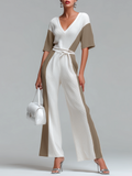 Stylish Elegant White Contrast V-Neck Short-Sleeve Loose-Fit Tie-Waist Wide-leg Knit Jumpsuit