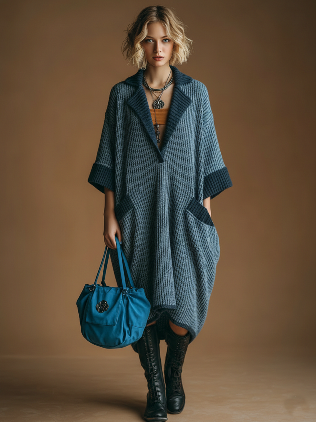 Chic Casual Dark Blue Notch Laple Contrast Trim Short-Sleeve Loose Ribbed Knit Midi Dress