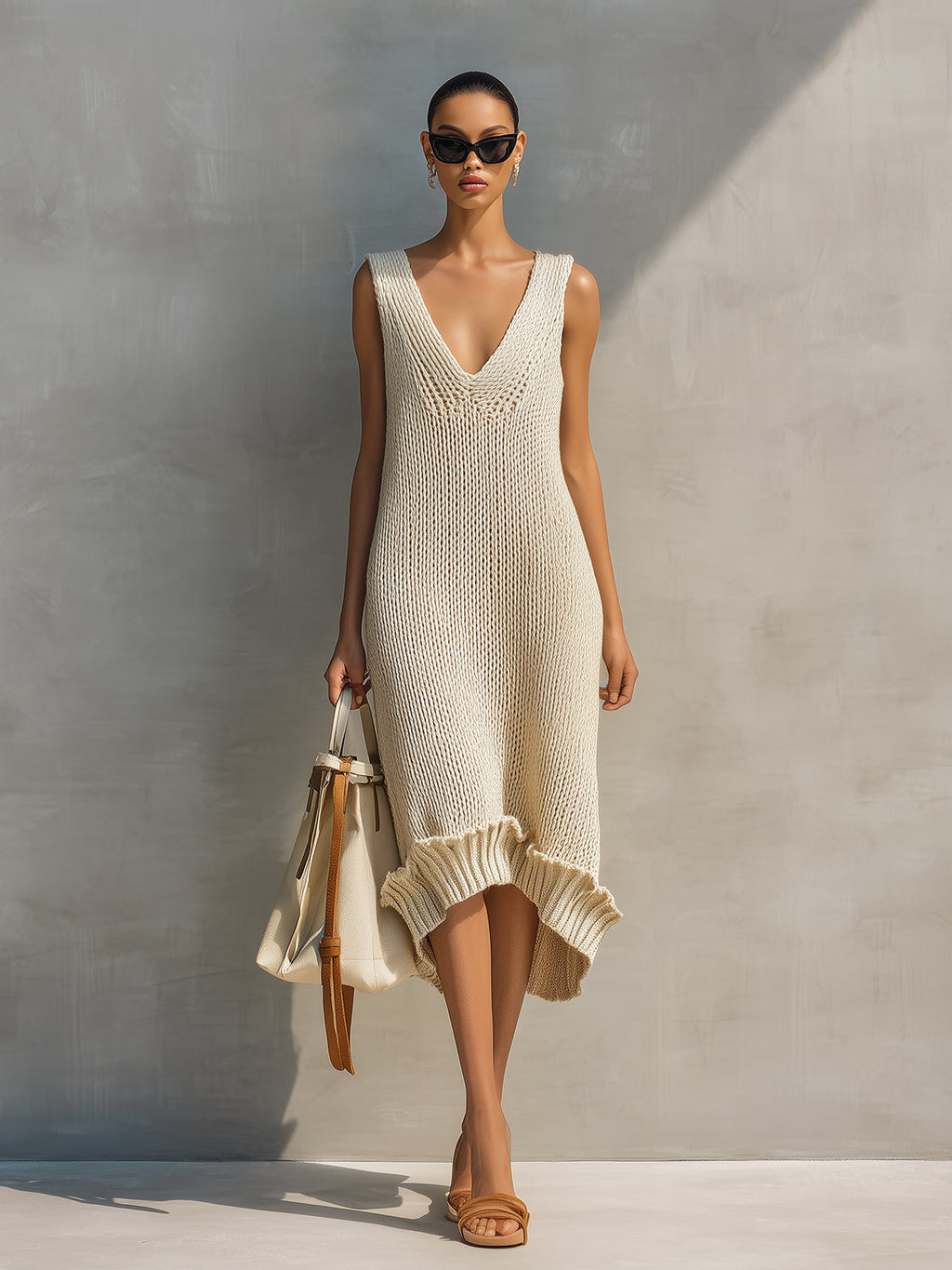 Chic Elegant Cream White Deep V-Neck Sleeveless Loose-Fit Ribbed Hem Detail Knit Midi Dress