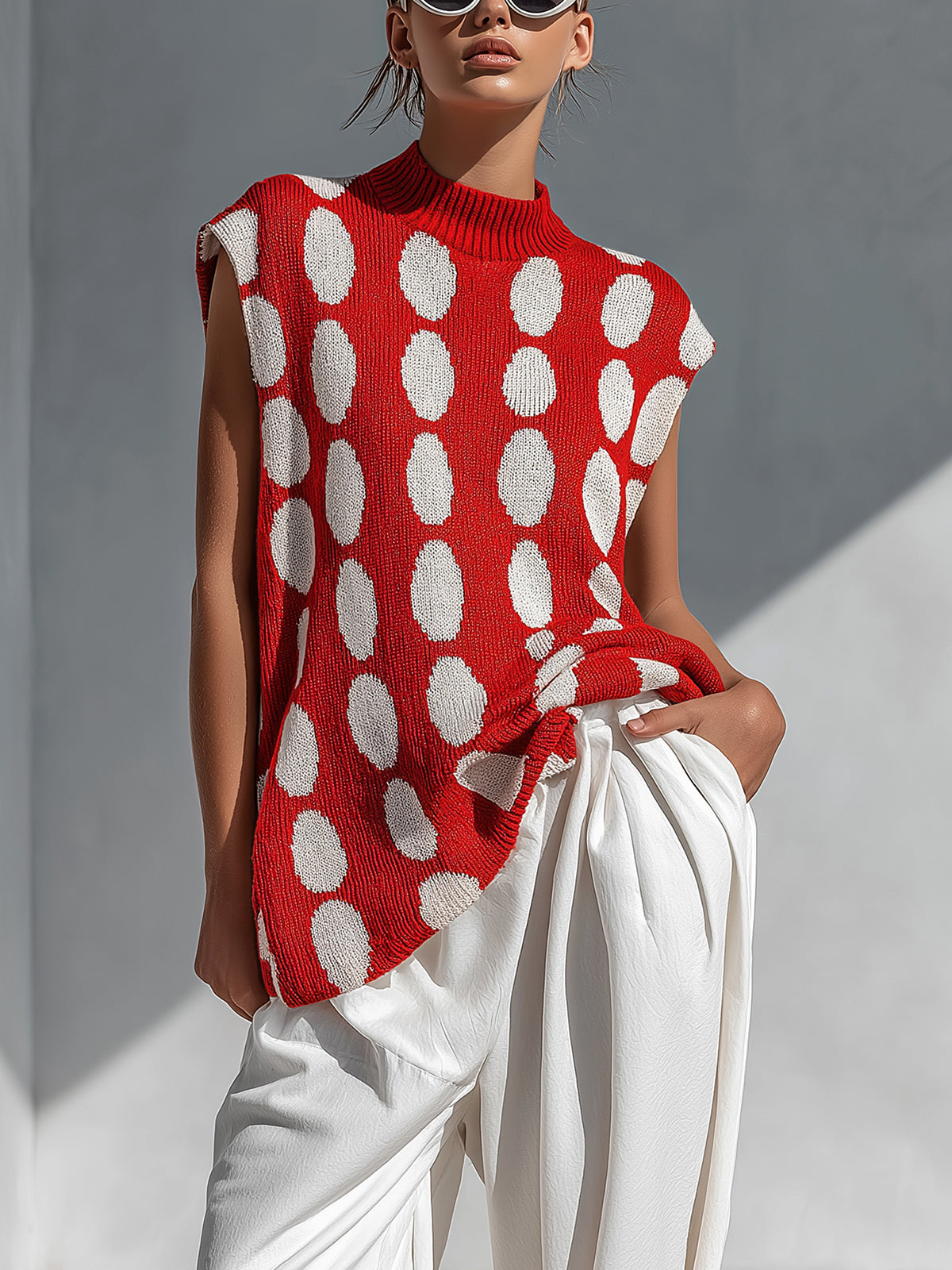 Chic Elegant Red-White Polka Dot Jacquard Round-Neck Sleeveless Oversized Knit Vest Top