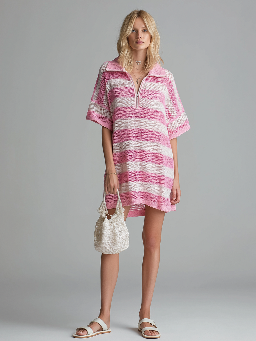 Chic Casual  Pink-White Striped Zipper-Up Lapel Short-Sleeve Loose Ribbed Knit Mini Dress
