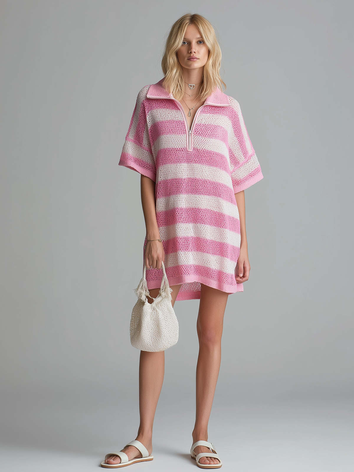 Chic Casual  Pink-White Striped Zipper-Up Lapel Short-Sleeve Loose Ribbed Knit Mini Dress