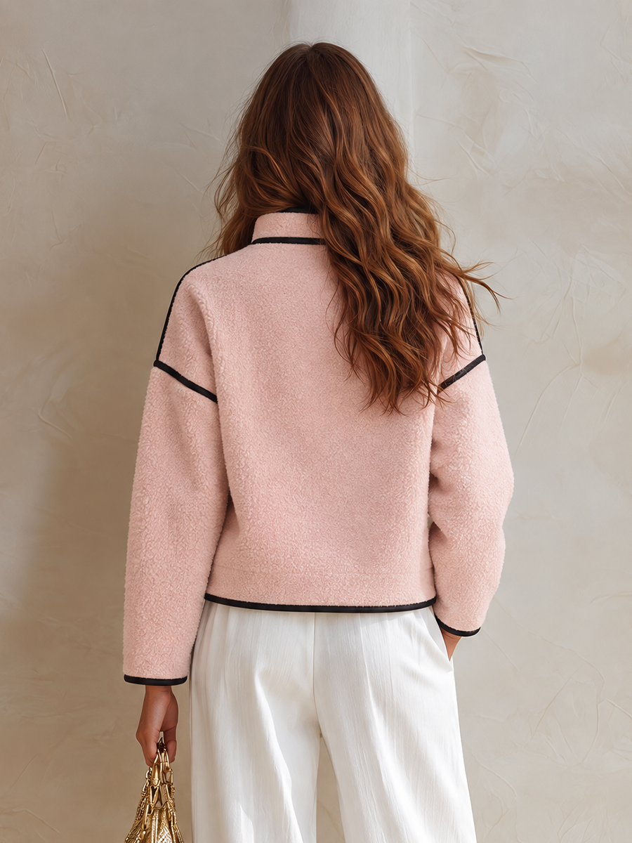 Resort-style Stand-up Collar Long-sleeved Black Trim Jacket