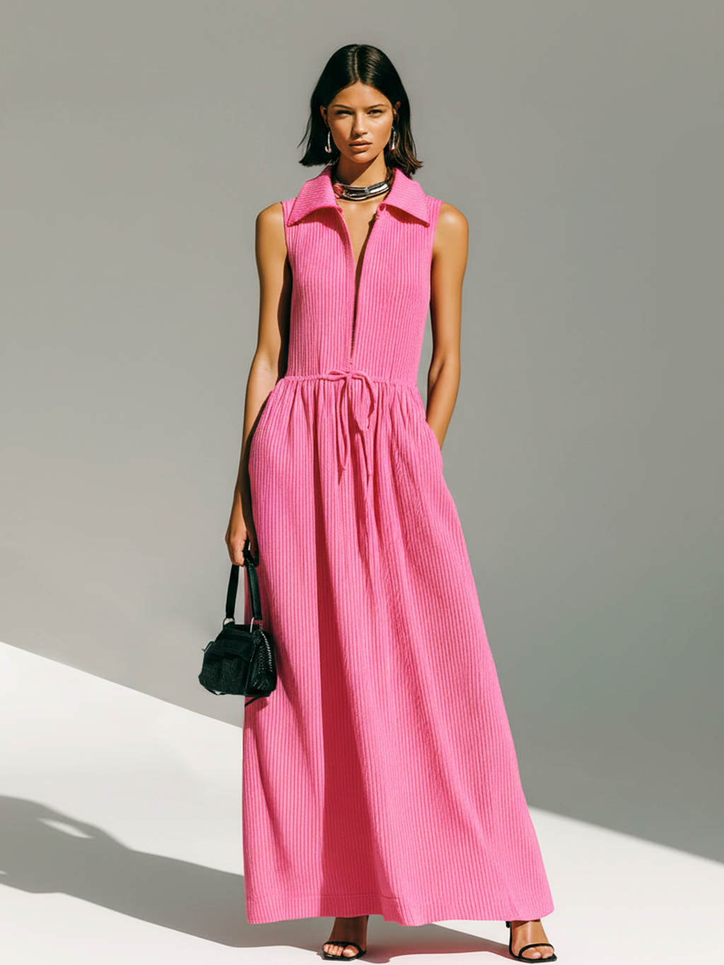 Stylish Elegant Pink Lapel Collar Zipper-Up Sleeveless Loose Belted Waist  Ribbed Knit Maxi Dress
