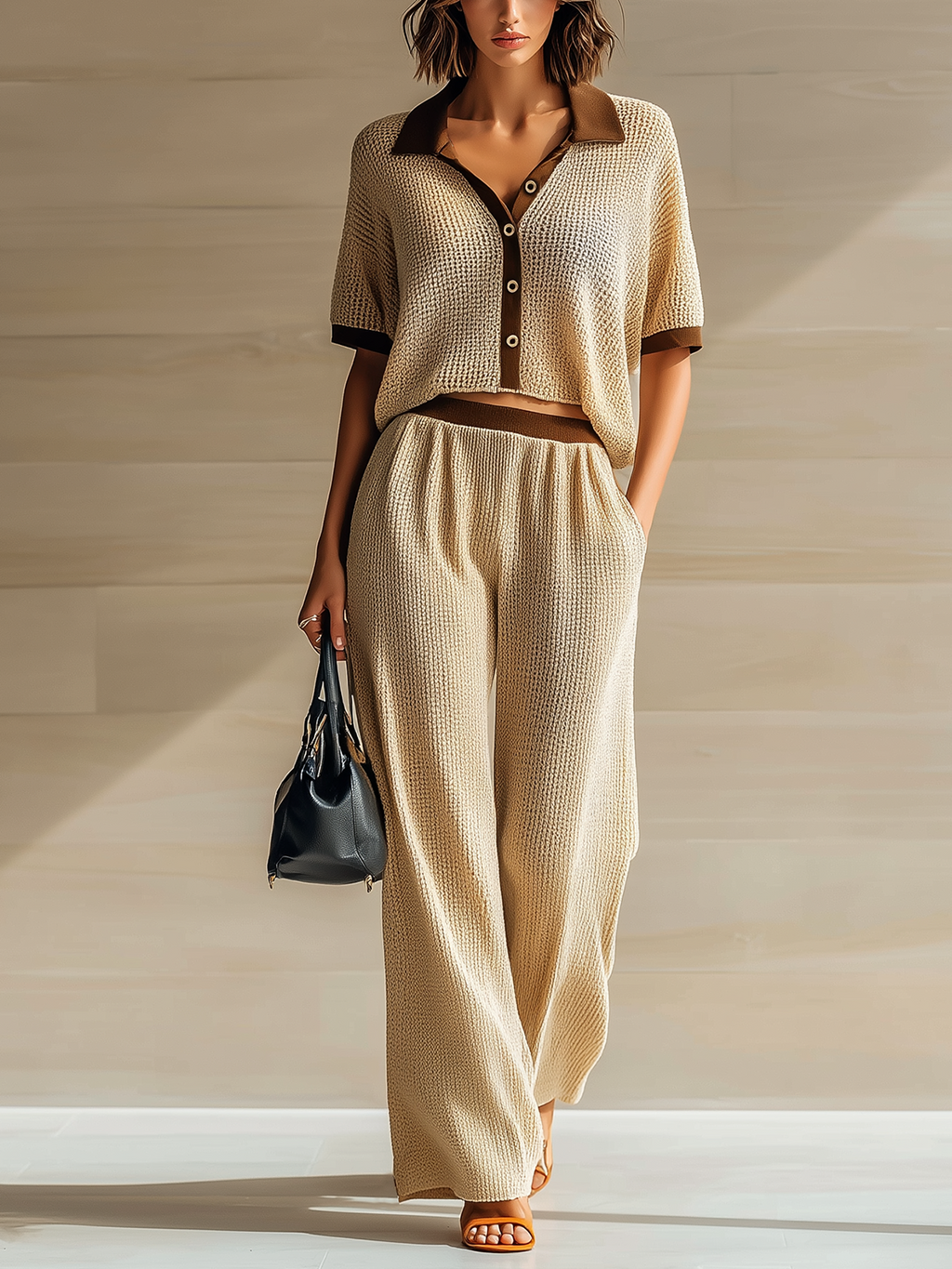 Chic Casual Beige Colorblock Lapel Collar Button-Front Short-Sleeve Loose Sweater Wide-Leg Pants Knit Two-Piece Set