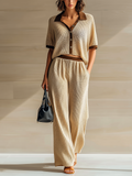 Chic Casual Beige Colorblock Lapel Collar Button-Front Short-Sleeve Loose Sweater Wide-Leg Pants Knit Two-Piece Set