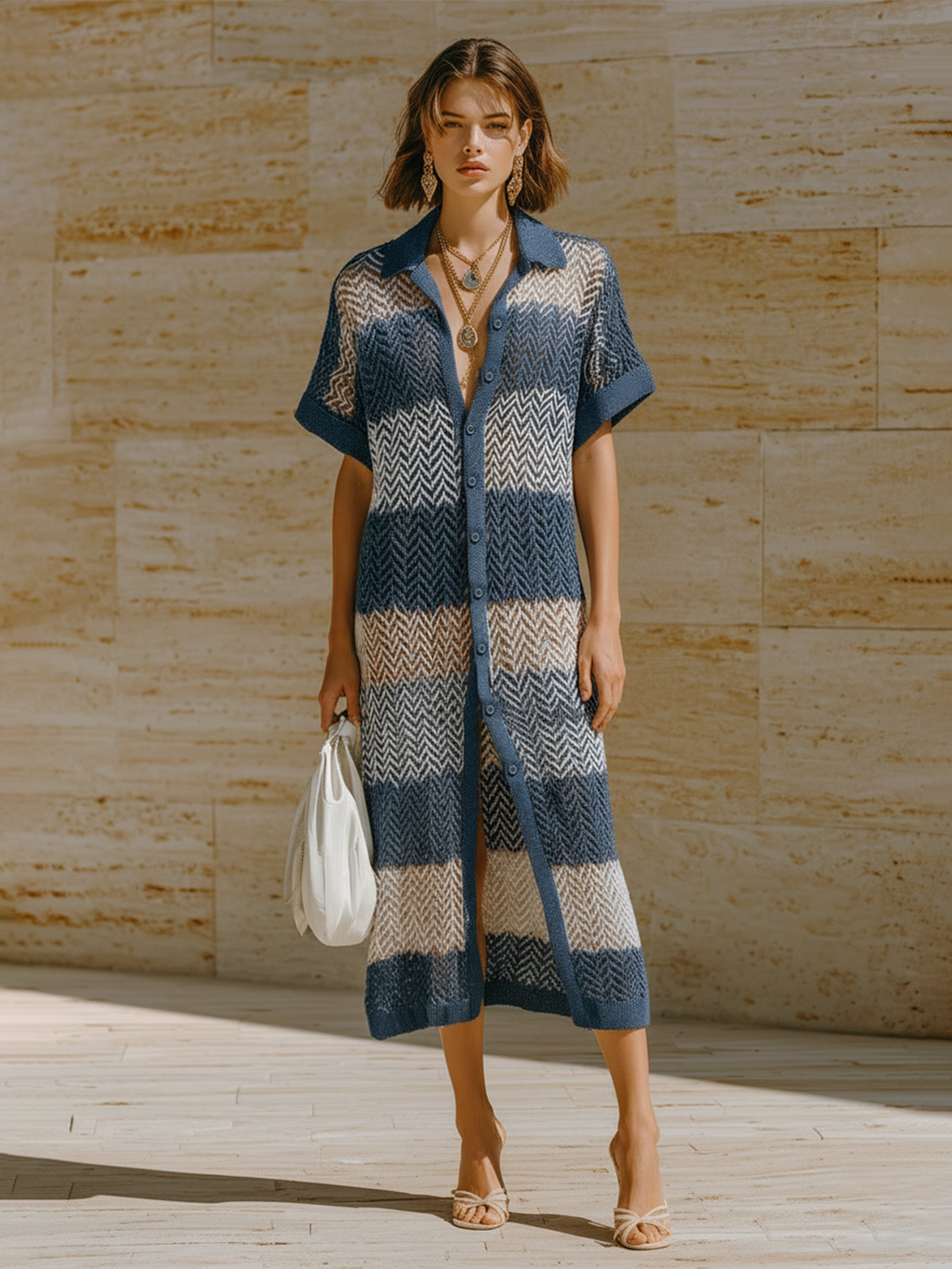 Chic Elegant Navy Blue-White Herringbone Lapel Collar Single-Breasted Short-Sleeve Loose-Fit Knit Maxi Dress