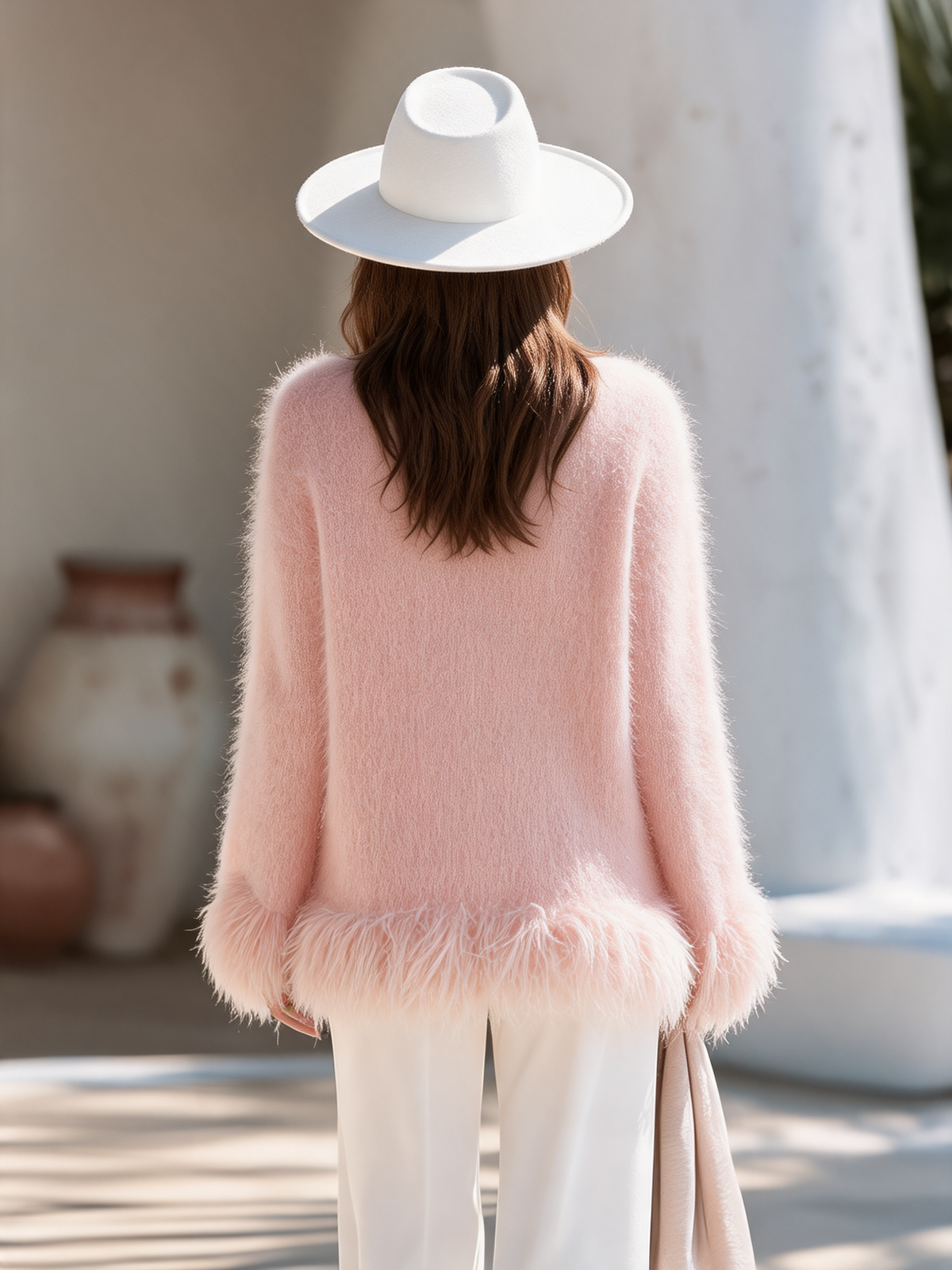 Stylish V-neck Faux-fur Hem Pink Fuzzy Pullover Sweater