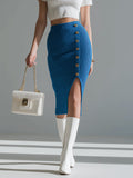 Chic Elegant Royal Blue Side Button Split Slim-Fit Ribbed Knit Midi Pencil Skirt