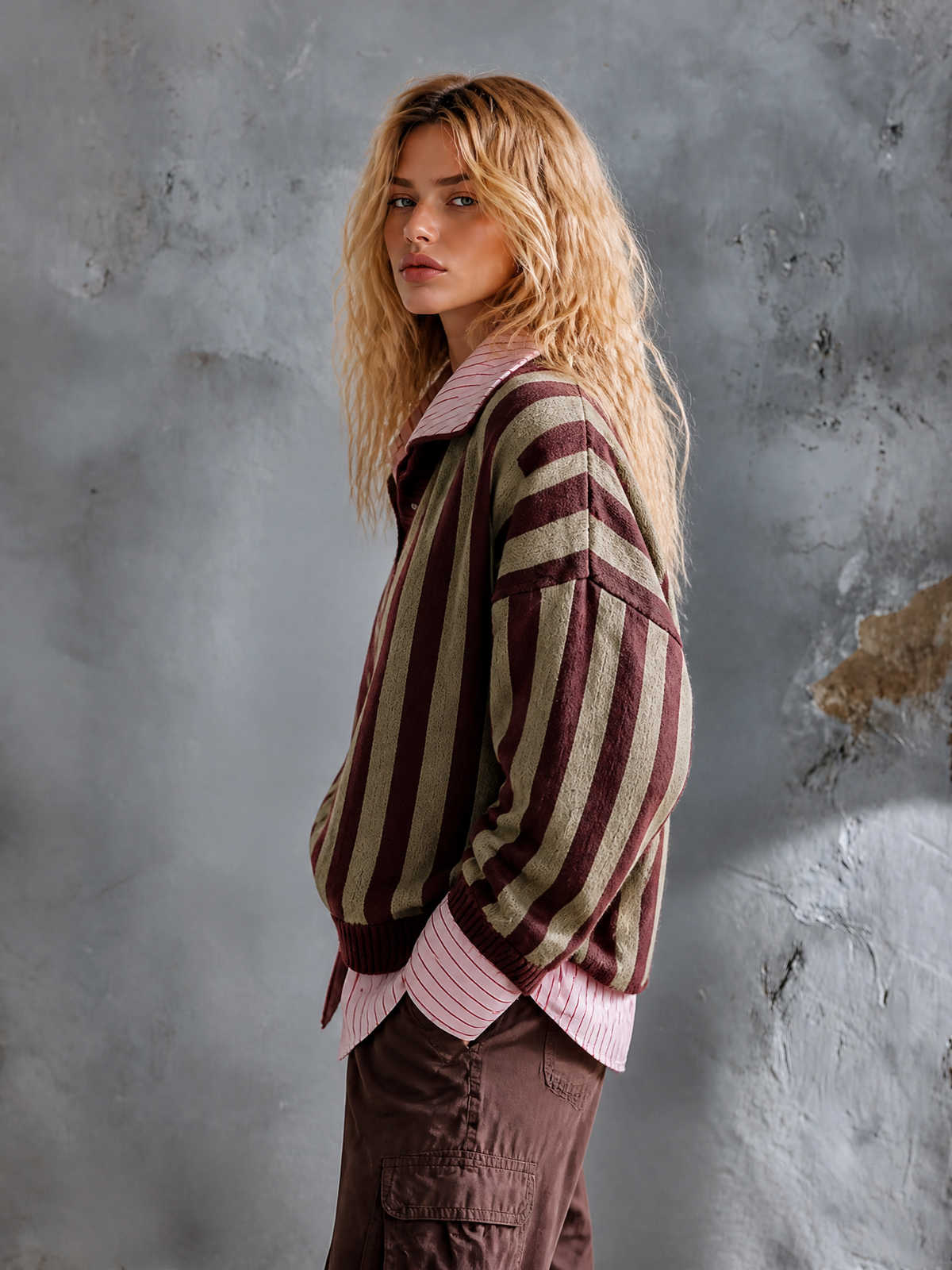 Chic Casual Olive Green-Burgundy Stripes Lapel Collar Button-Up Long-Sleeve Loose-Fit Wool Blend Knit Sweater