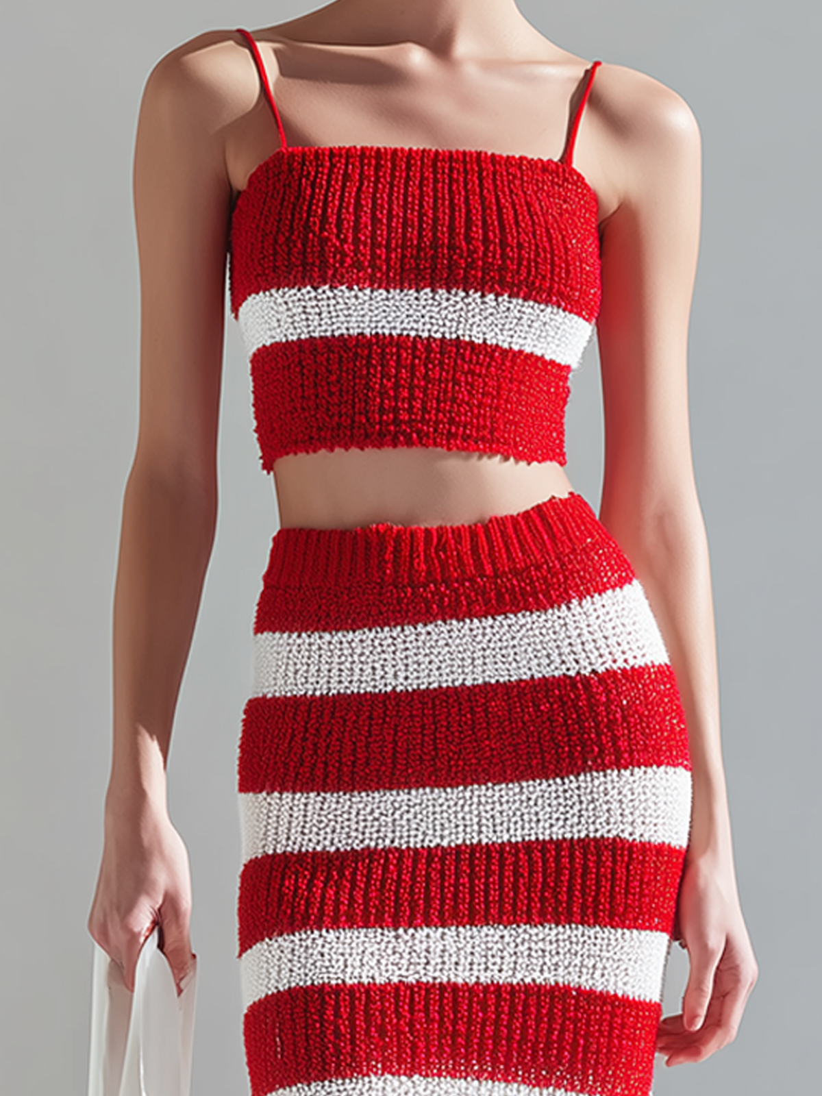 Stylish Elegant Red-White Striped Strappy Cropped Camisole Bodycon Maxi Skirt Knit Two-PieceSet