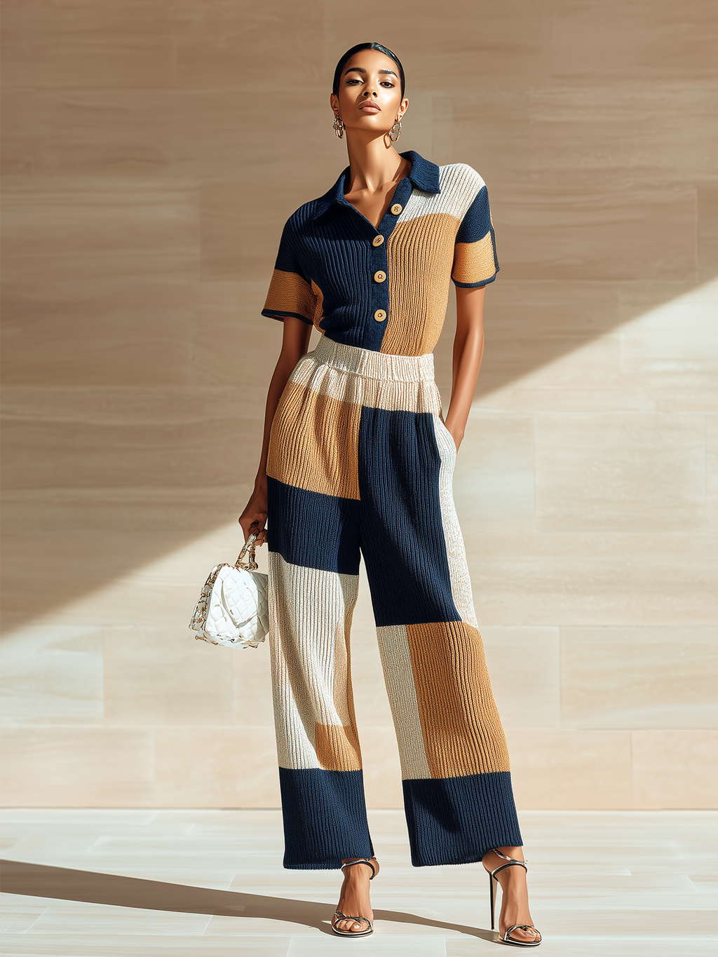 Stylish Elegant Navy Blue-Brown Colorblock Lapel Collar Button-Front Slim-Fit Wide-Leg Ribbed Knit Jumpsuit