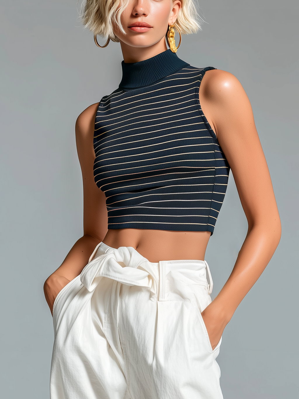 Chic Casual Navy Blue Stripes Mock Neck Slim-Fit Sleeveless Knit Tank Top