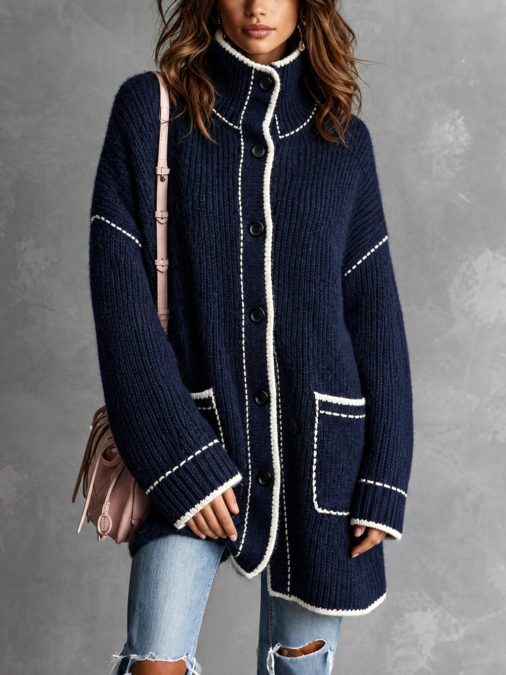 Chic Elegant Navy Blue Stand-Collar Long-Sleeve Single-Breasted Contrast Trim Detail Patch Pockets Loose-Fit Wool Blend Knit Cardigan
