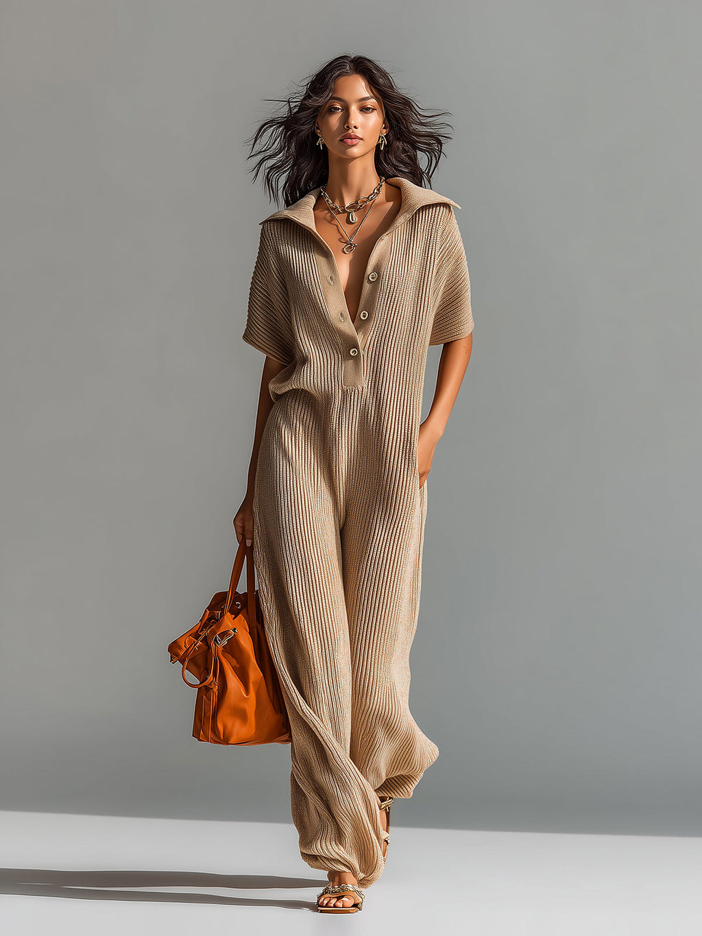 Chic Elegant Camel Lapel Button-Up V-Neck Short-Sleeve Loose-Fit Lantern Pants Ribbed Knit Jumpsuit