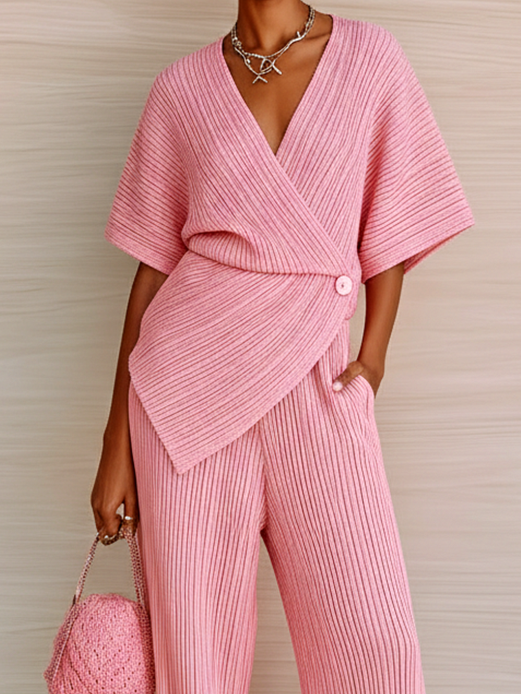 Stylish Elegant Pink V-Neck Short-Sleeve Loose Sweater Wide-Leg Pants Knit Two-Piece Set
