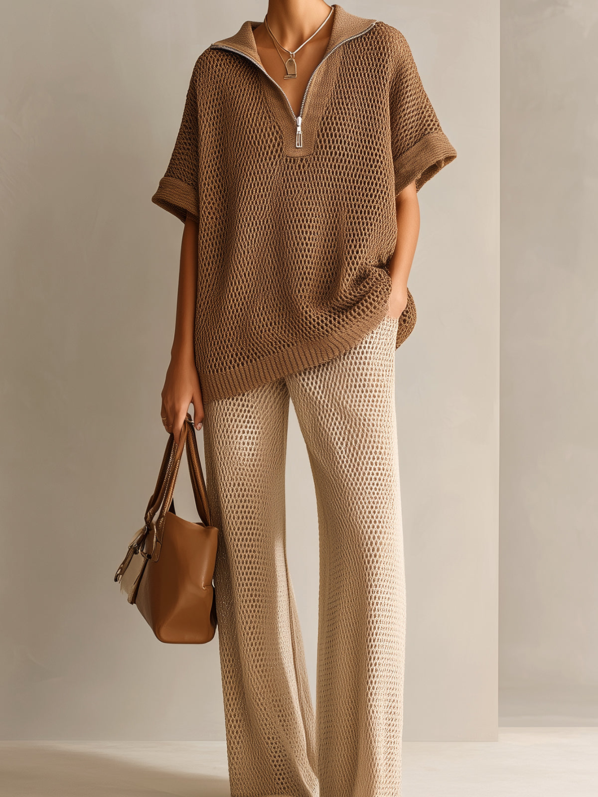 Chic Elegant Brown Zipper-Up Lapel Short-Sleeve Sweater Beige Wide-Leg Pants Mesh Knit Two-Piece Set