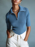 Chic Casual Dark Blue Lapel Collar Zipper-Front Short-Sleeve Slim-Fit Ribbed Knit Polo Sweater
