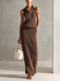 Chic Elegant Coffee Zipper-Up Lapel V-Neck Sleeveless Loose-Fit Vest And Bodycon Maxi Skirt Ribbed Knit Two-Piece Set